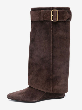 Marrone Stivali alti fino al ginocchio in pelle scamosciata da donna con punta affilata e tacco a zeppa stivali al polpaccio larghi