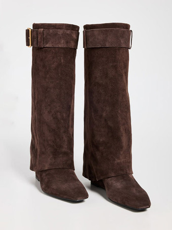 Stivali alti fino al ginocchio in pelle scamosciata da donna con punta affilata e tacco a zeppa stivali al polpaccio larghi