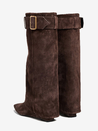 Stivali alti fino al ginocchio in pelle scamosciata da donna con punta affilata e tacco a zeppa stivali al polpaccio larghi