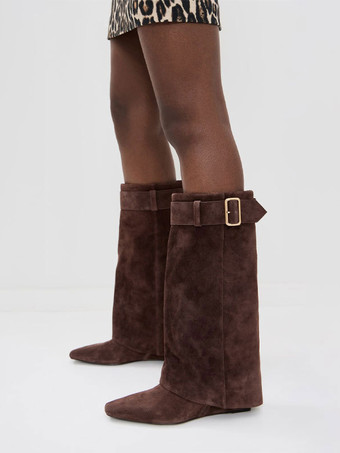 Stivali alti fino al ginocchio in pelle scamosciata da donna con punta affilata e tacco a zeppa stivali al polpaccio larghi