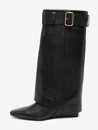 ブラック ブラック ニーハイブーツ スクエアトゥ バックルディテール 膝丈ブーツ レディース 2025