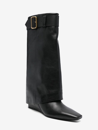 ブラック ニーハイブーツ スクエアトゥ バックルディテール 膝丈ブーツ レディース 2025
