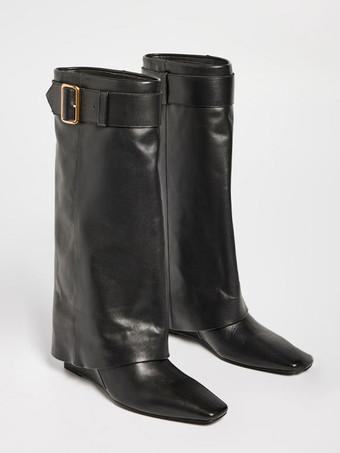 ブラック ニーハイブーツ スクエアトゥ バックルディテール 膝丈ブーツ レディース 2025