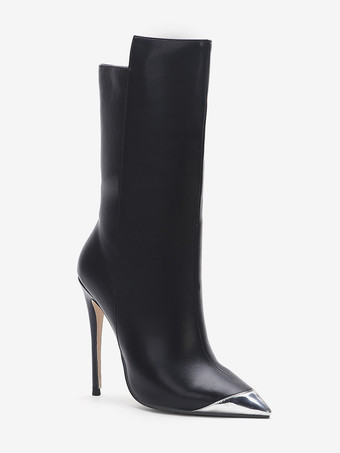 ブラック アンクル ブーツ デザイン ポインテッド トゥ ハイヒール ブーティ レディース 2025
