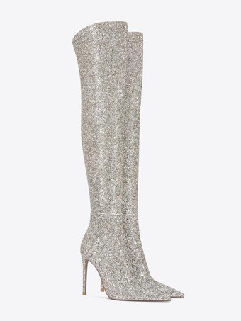 グリッターサイハイブーツ シルバー ポインテッドトゥ ハイヒール オーバーザニーブーツ