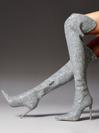 シルバー グリッターサイハイブーツ シルバー ポインテッドトゥ ハイヒール オーバーザニーブーツ