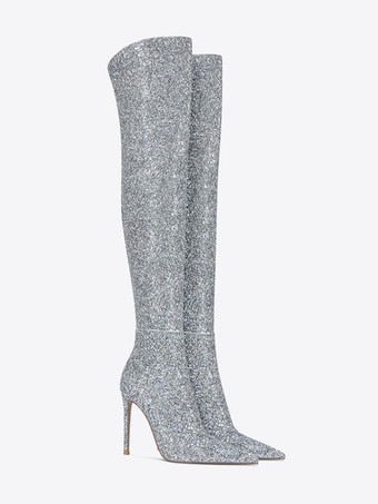 グリッターサイハイブーツ シルバー ポインテッドトゥ ハイヒール オーバーザニーブーツ