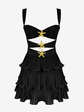 ブラック ヒトデの装飾付きカットアウトサマースリップドレス、女性用ティアードミニドレス 2025