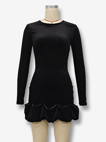 エレガントなベルベットのミニドレス、フリル裾、長袖ボディコンドレス、女性用 2025