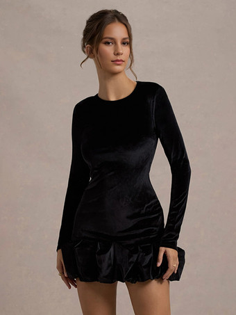エレガントなベルベットのミニドレス、フリル裾、長袖ボディコンドレス、女性用 2025