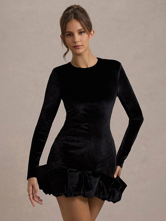 ブラック エレガントなベルベットのミニドレス、フリル裾、長袖ボディコンドレス、女性用 2025
