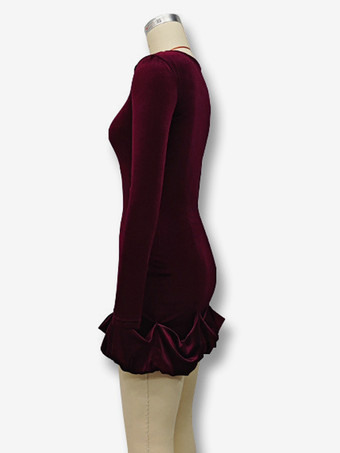 エレガントなベルベットのミニドレス、フリル裾、長袖ボディコンドレス、女性用 2025