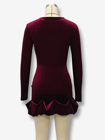 エレガントなベルベットのミニドレス、フリル裾、長袖ボディコンドレス、女性用 2025