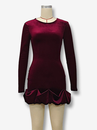エレガントなベルベットのミニドレス、フリル裾、長袖ボディコンドレス、女性用 2025