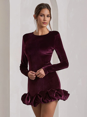 エレガントなベルベットのミニドレス、フリル裾、長袖ボディコンドレス、女性用 2025