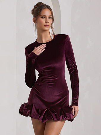 パープル エレガントなベルベットのミニドレス、フリル裾、長袖ボディコンドレス、女性用 2025