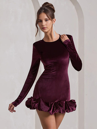 エレガントなベルベットのミニドレス、フリル裾、長袖ボディコンドレス、女性用 2025