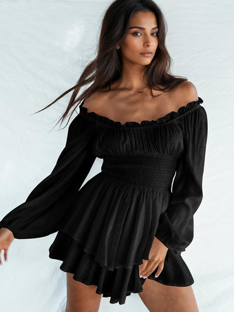 ブラック ボヘミアン ミニ ジャンプスーツ オフショルダー ランタン スリーブ 春のレディース 2025 衣装