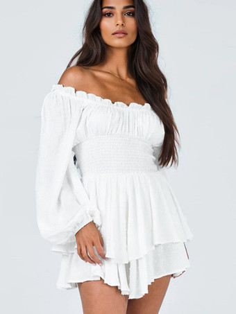 ホワイト ボヘミアン ミニ ジャンプスーツ オフショルダー ランタン スリーブ 春のレディース 2025 衣装