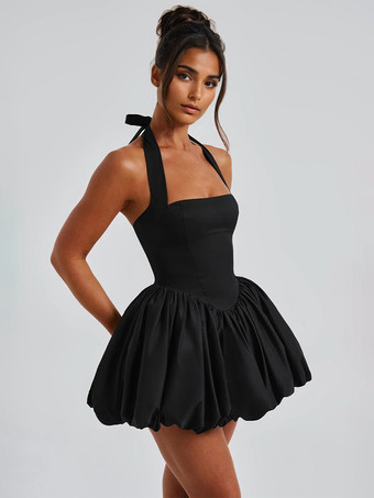 ホルターミニドレス、ブラック、スクエアネック、Aライン、セクシーな誕生日パーティードレス、女性用 2025