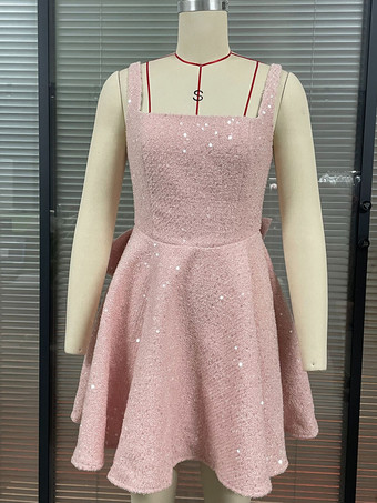 スパンコールミニドレス（リボンバックスクエアネックAライン）レディース誕生日パーティードレス 2025