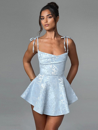 ライトスカイブルージャカード フローラル ミニドレス Aライン セクシー バースデーパーティー スリップドレス レディース 2025