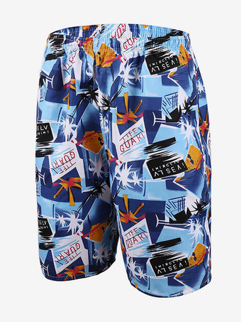 ライトスカイブルーメンズ サマー ショーツ プリント 伸縮性ウエスト カジュアル ビーチ トランクス
