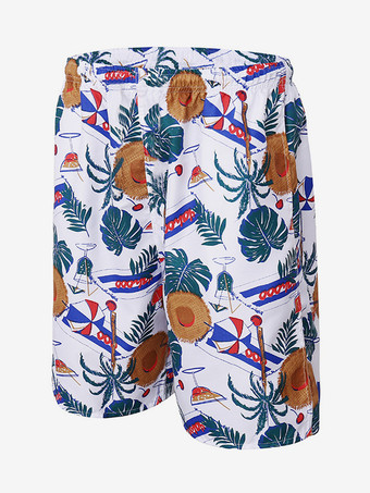 ホワイト メンズ スイムトランクス 速乾 プラスサイズ トロピカルプリント 水着 ビーチショーツ