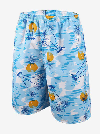 ライトスカイブルーメンズ スイムトランクス 速乾 プラスサイズ トロピカルプリント 水着 ビーチショーツ