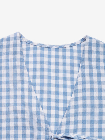 ギンガム クロップド トップ ブルー タイフロント Vネック パフスリーブ サマー トップス レディース 2025