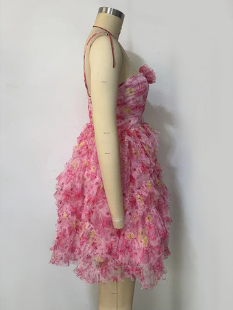 3Dフラワー付き花柄ミニドレス 誕生日パーティー フリルドレス 女性用 2025