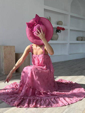 3Dフラワー付きボヘミアンマキシドレス 夏用ビーチスリップドレス レディース 2025