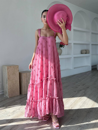 3Dフラワー付きボヘミアンマキシドレス 夏用ビーチスリップドレス レディース 2025