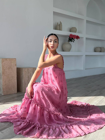 3Dフラワー付きボヘミアンマキシドレス 夏用ビーチスリップドレス レディース 2025