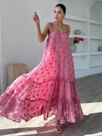 3Dフラワー付きボヘミアンマキシドレス 夏用ビーチスリップドレス レディース 2025