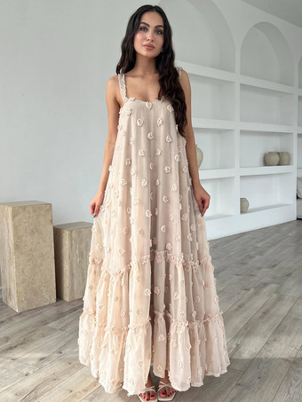 3Dフラワー付きボヘミアンマキシドレス 夏用ビーチスリップドレス レディース 2025