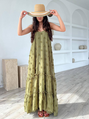 3Dフラワー付きボヘミアンマキシドレス 夏用ビーチスリップドレス レディース 2025