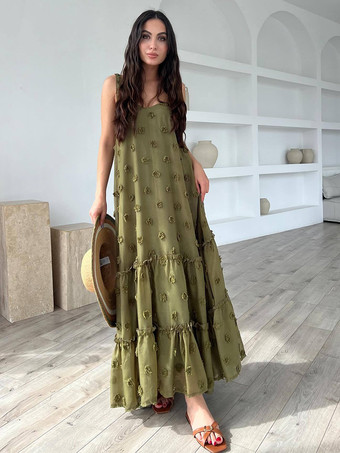 ハンターグリーン 3Dフラワー付きボヘミアンマキシドレス 夏用ビーチスリップドレス レディース 2025