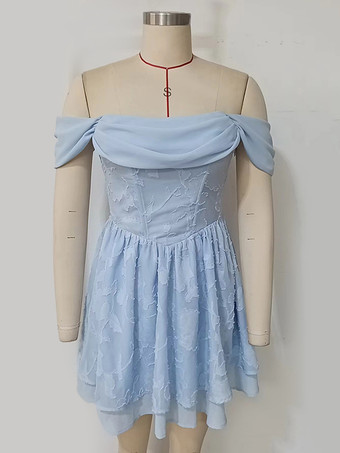 ジャカードフローラルミニドレス ブルー オフショルダー ティアード Aライン バースデーパーティードレス レディース 2025