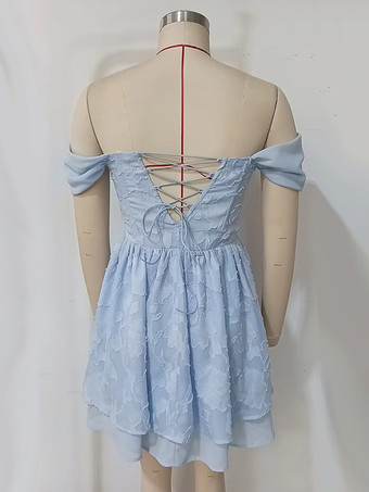 ジャカードフローラルミニドレス ブルー オフショルダー ティアード Aライン バースデーパーティードレス レディース 2025