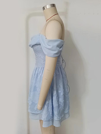 ジャカードフローラルミニドレス ブルー オフショルダー ティアード Aライン バースデーパーティードレス レディース 2025