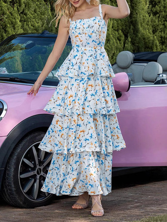 花柄マキシドレス スクエアネック ティアード Aライン バースデーパーティー ロングドレス レディース 2025