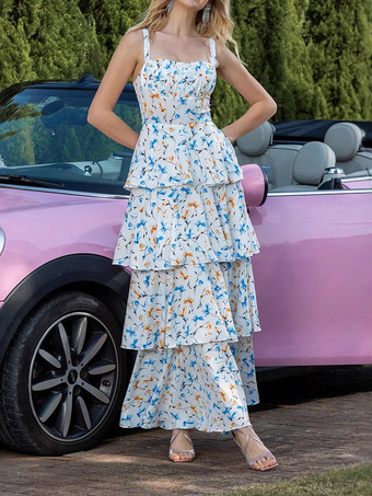 花柄マキシドレス スクエアネック ティアード Aライン バースデーパーティー ロングドレス レディース 2025