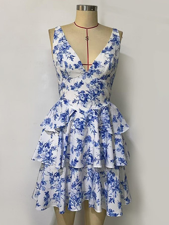 ブルーフローラルミニドレス VネックティアードAラインバースデーパーティードレスレディース2025