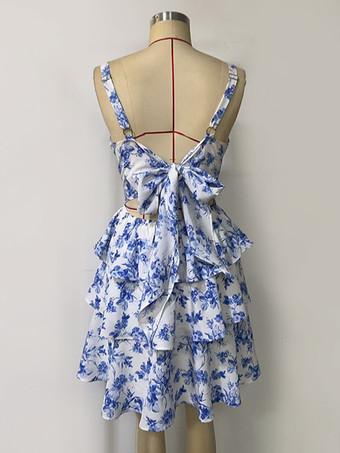 ブルーフローラルミニドレス VネックティアードAラインバースデーパーティードレスレディース2025