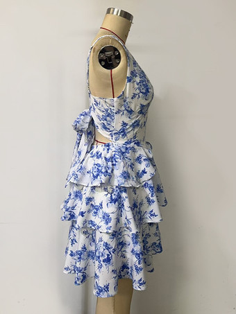 ブルーフローラルミニドレス VネックティアードAラインバースデーパーティードレスレディース2025