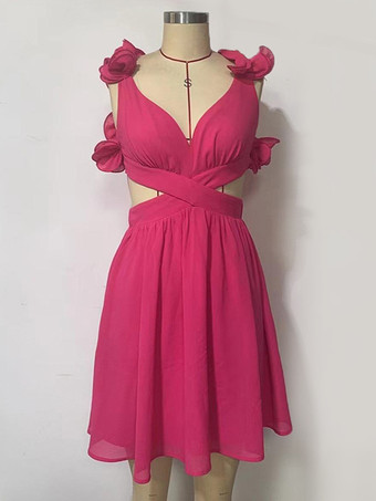 セクシーなローズミニドレス、ウエストカットアウト、Vネック、Aライン、女性用バースデーパーティードレス 2025