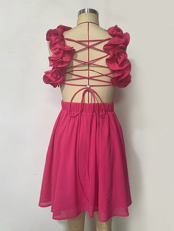 セクシーなローズミニドレス、ウエストカットアウト、Vネック、Aライン、女性用バースデーパーティードレス 2025