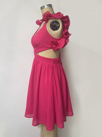 セクシーなローズミニドレス、ウエストカットアウト、Vネック、Aライン、女性用バースデーパーティードレス 2025