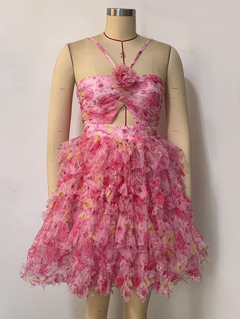 3Dフラワー付き花柄ミニドレス 誕生日パーティー フリルドレス 女性用 2025